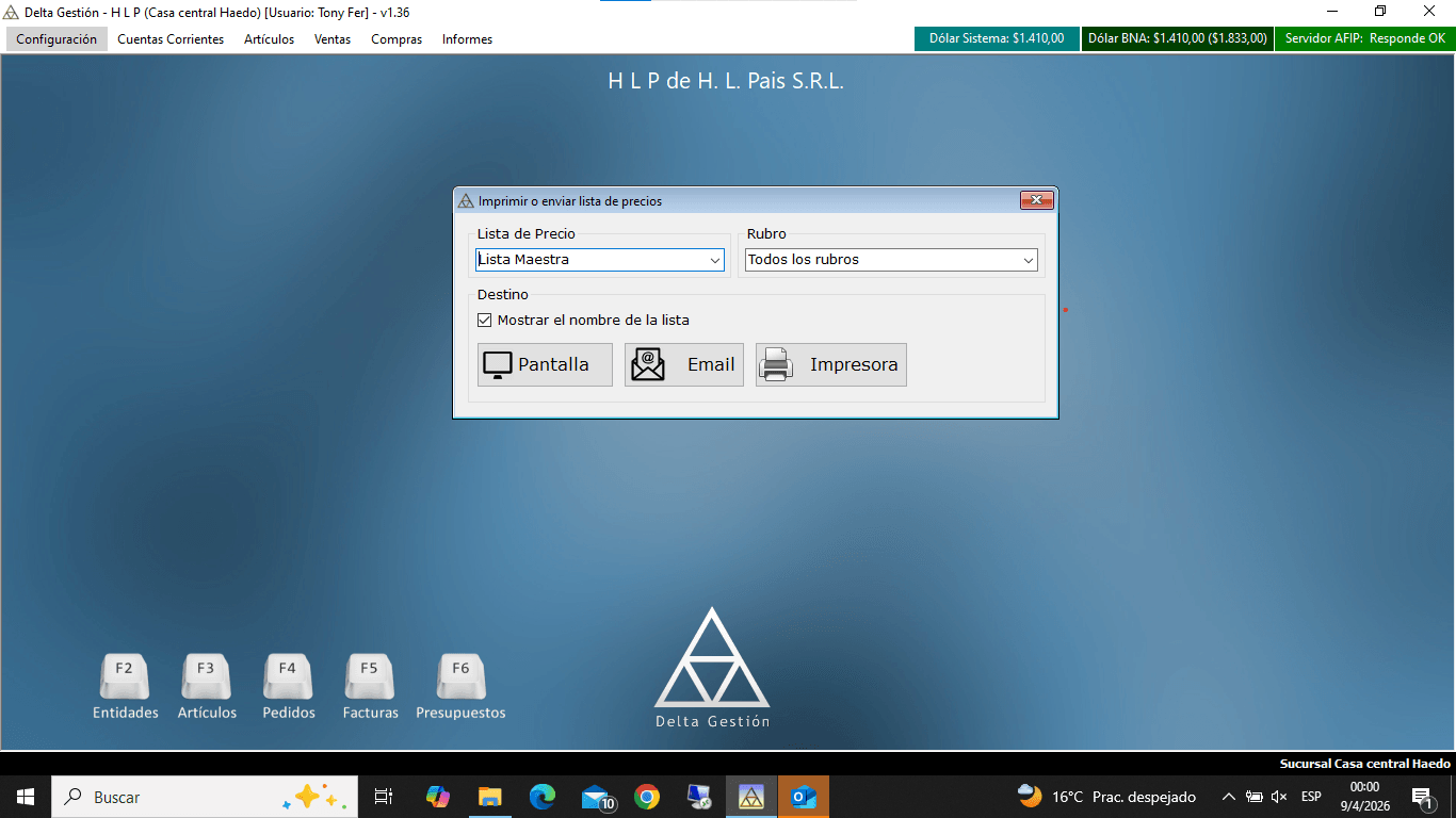 Imprimir o enviar lista de precio